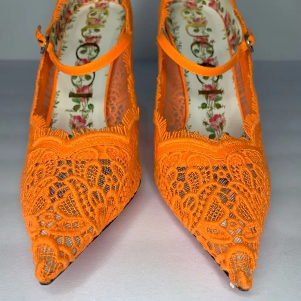 Gucci Virginia Lace Pumps Neon Orange EU 40 US 10 Mary Jane Lace Heels - Picture 4 of 11